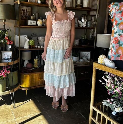 Y2k Patchwork Floral Maxi Dress Boho Flowy Ruffle Tiered Summer Dress Cute Beach Smocked Long Sundresses for Women in Saudi Arabia