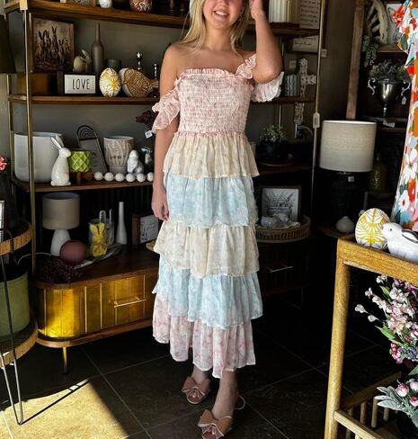 Y2k Patchwork Floral Maxi Dress Boho Flowy Ruffle Tiered Summer Dress Cute Beach Smocked Long Sundresses for Women in Saudi Arabia