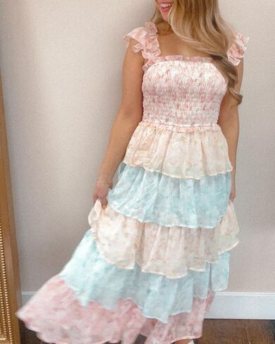 Y2k Patchwork Floral Maxi Dress Boho Flowy Ruffle Tiered Summer Dress Cute Beach Smocked Long Sundresses for Women in Saudi Arabia