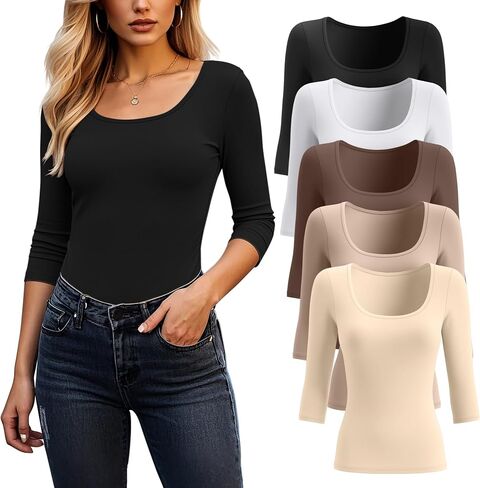 Riyiper 5 Pack Women's 3/4 Sleeve Shirts, Cotton Scoop Neck Tops Slim Fit Stretchy Basic T Shirts Casual Athletic Tees in Saudi Arabia