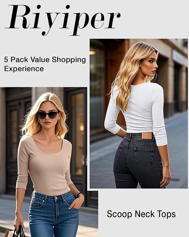 Riyiper 5 Pack Women's 3/4 Sleeve Shirts, Cotton Scoop Neck Tops Slim Fit Stretchy Basic T Shirts Casual Athletic Tees in Saudi Arabia
