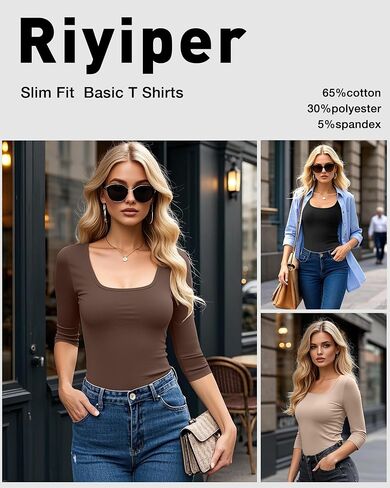Riyiper 5 Pack Women's 3/4 Sleeve Shirts, Cotton Scoop Neck Tops Slim Fit Stretchy Basic T Shirts Casual Athletic Tees in Saudi Arabia
