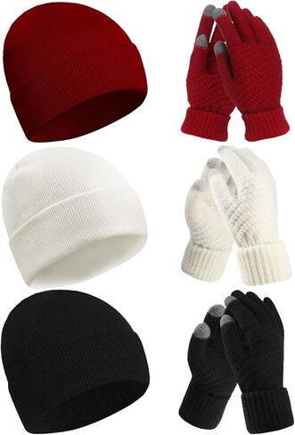 6 Pieces Women Knit Beanie Hats Touchscreen Gloves Set for Winter Cute Hats Soft Skull Cap Gifts for Christmas in Kuwait