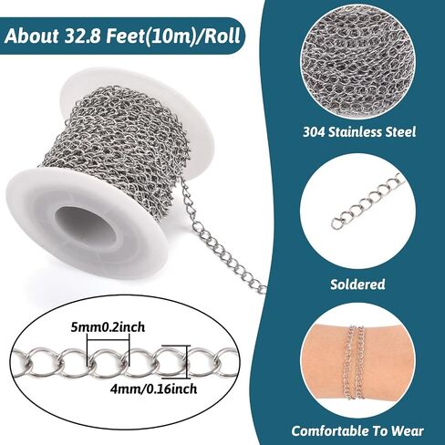 Pandahall 32.8 Feet 304 Stainless Steel Curb Chains Links 6x4x2mm Unwelded Cable Chain Necklace with Spool for Bracelet Necklace in Saudi Arabia
