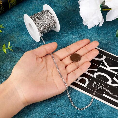 Pandahall 32.8 Feet 304 Stainless Steel Curb Chains Links 6x4x2mm Unwelded Cable Chain Necklace with Spool for Bracelet Necklace in Saudi Arabia