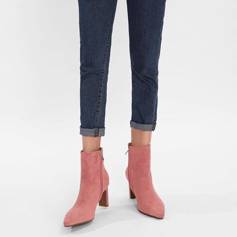 Brown Suede Ankle Boots for Women Pointed Toe Chunky High Heeled Booties Fall Dressy Short Boots with Zipper in Kuwait