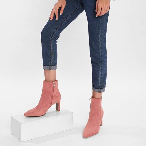 Brown Suede Ankle Boots for Women Pointed Toe Chunky High Heeled Booties Fall Dressy Short Boots with Zipper in Kuwait