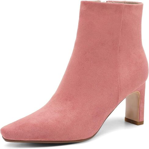 Brown Suede Ankle Boots for Women Pointed Toe Chunky High Heeled Booties Fall Dressy Short Boots with Zipper in Kuwait