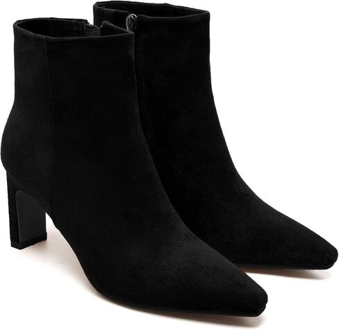 Brown Suede Ankle Boots for Women Pointed Toe Chunky High Heeled Booties Fall Dressy Short Boots with Zipper in Kuwait