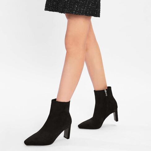 Brown Suede Ankle Boots for Women Pointed Toe Chunky High Heeled Booties Fall Dressy Short Boots with Zipper in Kuwait