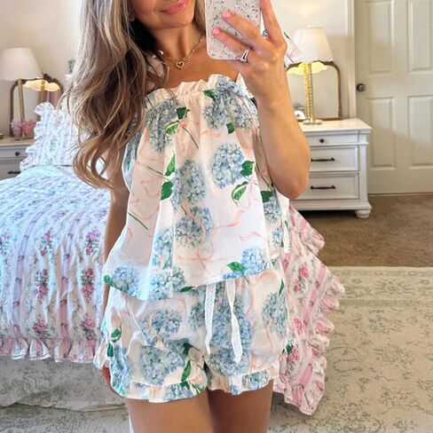 Women Y2k Babydoll 2 Piece Pajama Outfits Ruffle Hem Tank Top Shorts Loose Fit Striped Pjs Set Summer Sleepwear in Saudi Arabia