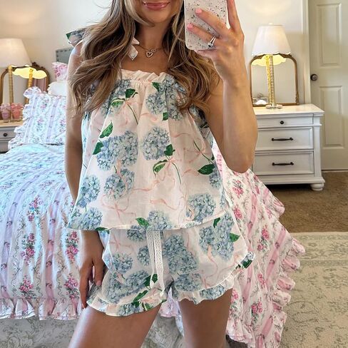 Women Y2k Babydoll 2 Piece Pajama Outfits Ruffle Hem Tank Top Shorts Loose Fit Striped Pjs Set Summer Sleepwear in Saudi Arabia