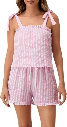 Women Y2k Babydoll 2 Piece Pajama Outfits Ruffle Hem Tank Top Shorts Loose Fit Striped Pjs Set Summer Sleepwear in Saudi Arabia