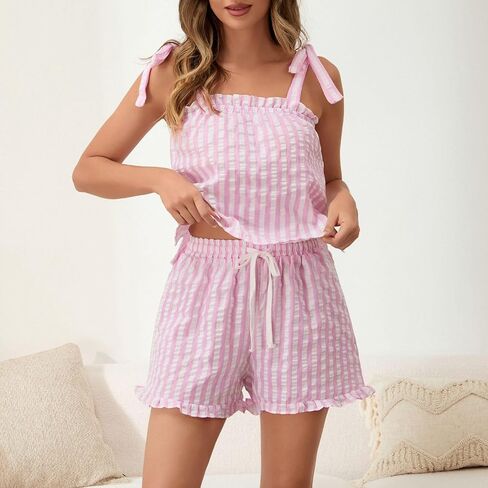 Women Y2k Babydoll 2 Piece Pajama Outfits Ruffle Hem Tank Top Shorts Loose Fit Striped Pjs Set Summer Sleepwear in Saudi Arabia