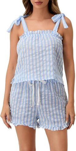 Women Y2k Babydoll 2 Piece Pajama Outfits Ruffle Hem Tank Top Shorts Loose Fit Striped Pjs Set Summer Sleepwear in Kuwait