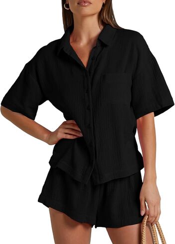 Flygo Women Casual 2 Piece Outfits Cotton Lounge Sets Loose Button Down Shirt and Shorts Pajama Gauze Set Beachwear in Saudi Arabia