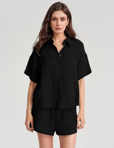Flygo Women Casual 2 Piece Outfits Cotton Lounge Sets Loose Button Down Shirt and Shorts Pajama Gauze Set Beachwear in Saudi Arabia