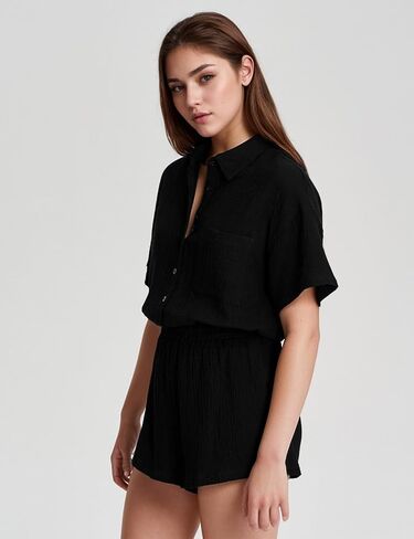 Flygo Women Casual 2 Piece Outfits Cotton Lounge Sets Loose Button Down Shirt and Shorts Pajama Gauze Set Beachwear in Saudi Arabia