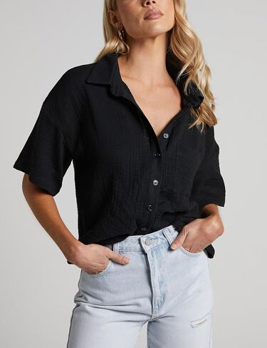 Flygo Women Casual 2 Piece Outfits Cotton Lounge Sets Loose Button Down Shirt and Shorts Pajama Gauze Set Beachwear in Saudi Arabia
