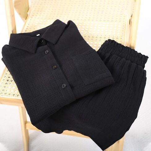 Flygo Women Casual 2 Piece Outfits Cotton Lounge Sets Loose Button Down Shirt and Shorts Pajama Gauze Set Beachwear in Saudi Arabia