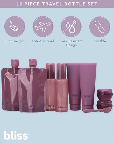 Bliss Travel Bottles Set - 10 Piece TSA Approved Leak-Free Refillable Travel Size Toiletries Containers for Skincare, Lotion, Shampoo, and Conditioner, Mauve in Kuwait