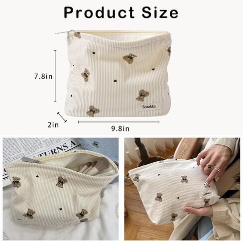 Corduroy Travel Makeup Bag with Bear Pattern, Cosmetic Bag for Purse Organizer, Toiletry Bag with Zipper For Women Travel Essentials(01Pink) in Kuwait