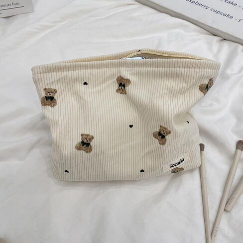 Corduroy Travel Makeup Bag with Bear Pattern, Cosmetic Bag for Purse Organizer, Toiletry Bag with Zipper For Women Travel Essentials(01Pink) in Kuwait