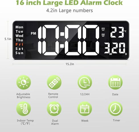 KeeKit Digital Clock, LED Wall Clock with 16" Large Display, Desktop Clock with Remote Control, Automatic Brightness Dimmer, 10 Adjustable Brightness, Suitable for Living Room - Blue in Saudi Arabia