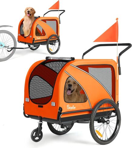 Sepnine Dog Bike Trailer, Supports up to 110 lbs, 2-in-1 Pet Stroller Cart Bicycle Carrier, Easy Folding Cart Frame with Quick Release Wheels, Universal Bicycle Coupler, Non-Slip Floor, Internal Leash in Kuwait