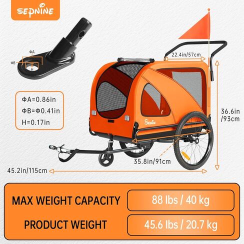 Sepnine Dog Bike Trailer, Supports up to 110 lbs, 2-in-1 Pet Stroller Cart Bicycle Carrier, Easy Folding Cart Frame with Quick Release Wheels, Universal Bicycle Coupler, Non-Slip Floor, Internal Leash in Kuwait
