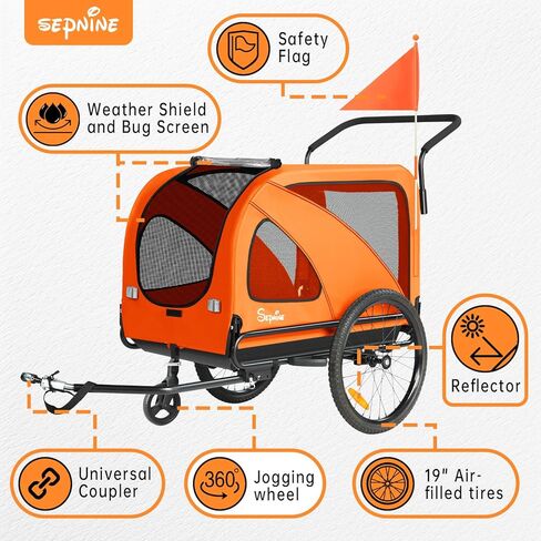Sepnine Dog Bike Trailer, Supports up to 110 lbs, 2-in-1 Pet Stroller Cart Bicycle Carrier, Easy Folding Cart Frame with Quick Release Wheels, Universal Bicycle Coupler, Non-Slip Floor, Internal Leash in Kuwait