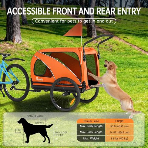 Sepnine Dog Bike Trailer, Supports up to 110 lbs, 2-in-1 Pet Stroller Cart Bicycle Carrier, Easy Folding Cart Frame with Quick Release Wheels, Universal Bicycle Coupler, Non-Slip Floor, Internal Leash in Kuwait