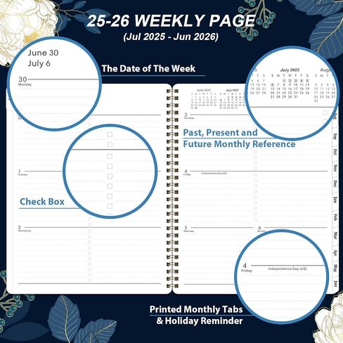 Planner 2025-2026 - Academic Planner 2025-2026, Weekly and Monthly Jul 2025 - Jun 2026, 6.4" x 8.5", Twin-Wire Binding, 180° Lay-Flat, Thick Paper, Colorful Monthly Tabs, Inner Pocket, Holidays in Saudi Arabia
