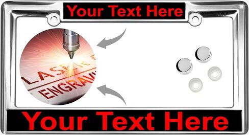 Heavy Duty Chrome Metal Personalized with Custom Text Design Laser Engraved Standard Size - Car/Automobile License Plate Frame with Free caps - Silver/Black (Qty: 1 Frame) in Saudi Arabia