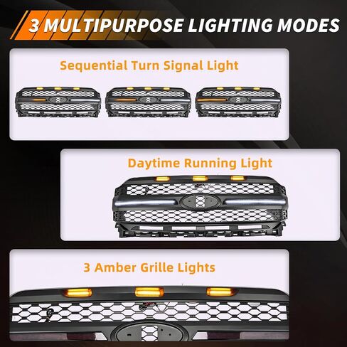 3 in 1 [Upgraded] Front Grille for F150 2021 2022 2023, with Amber Sequential Light & White DRL Light, 3 Amber LED Grill Lights Bumper Hood Mesh Grill, Front Bumper Grille in Saudi Arabia