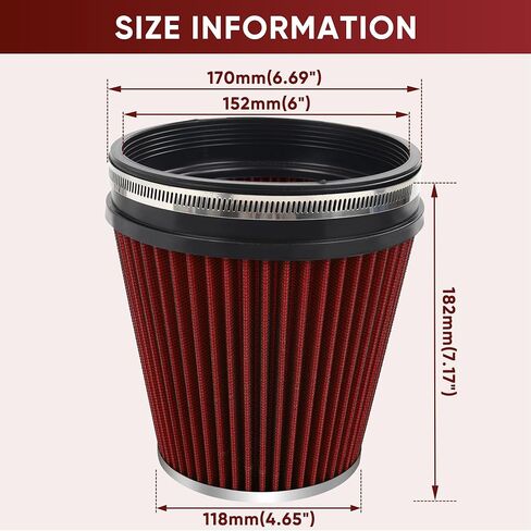 6" 152mm Cold Air Intake Filter Clamp-On Replacement High Flow Inlet Air Filter High Performance Washable Cone Filter 7" Tall Red in Kuwait