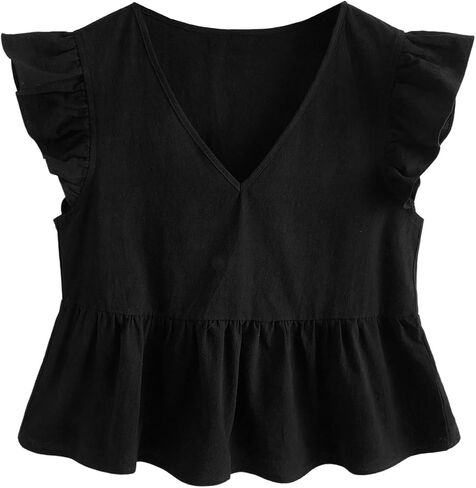 Oyoangle Women's V Neck Reck Cap Sleeve Plouse Cute Hemled Hem Babydoll Peplum Tops in Kuwait