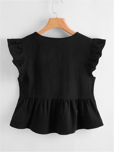 Oyoangle Women's V Neck Reck Cap Sleeve Plouse Cute Hemled Hem Babydoll Peplum Tops in Kuwait
