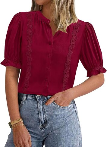 PRETTYGARDEN Women’s Puff Ruffle Sleeve Tops 2025 Summer Trendy V Neck Button Down Shirts Casual Embroidery Chiffon Blouses in Saudi Arabia