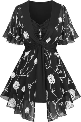 Rosegal Plus Size Womens Embroidery Flowers Flowers Chiffon لوحة تويست 2 في 1 بلوزة قصيرة الأكمام in Saudi Arabia