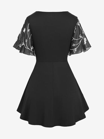 Rosegal Plus Size Womens Embroidery Flowers Flowers Chiffon لوحة تويست 2 في 1 بلوزة قصيرة الأكمام in Saudi Arabia