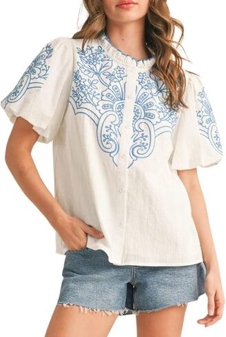 زر مطرز الأزهار للسيدات أسفل غلاف الفقاعة الأعلى قمصان رقبة راقصة in Kuwait