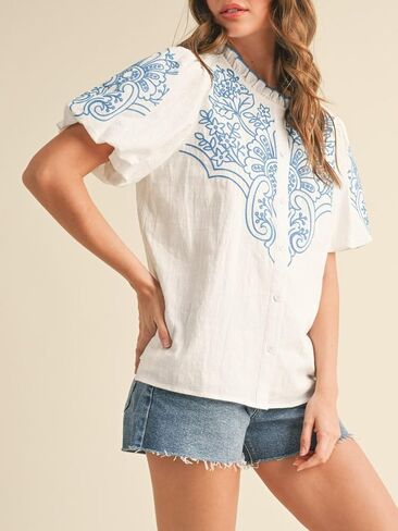 زر مطرز الأزهار للسيدات أسفل غلاف الفقاعة الأعلى قمصان رقبة راقصة in Kuwait