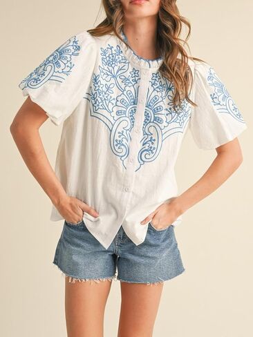 زر مطرز الأزهار للسيدات أسفل غلاف الفقاعة الأعلى قمصان رقبة راقصة in Kuwait