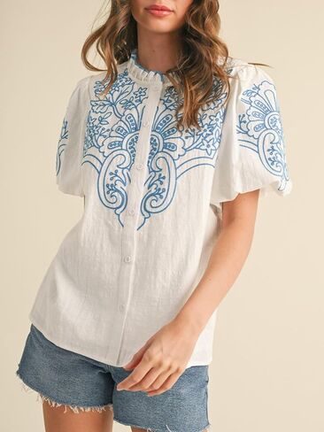 زر مطرز الأزهار للسيدات أسفل غلاف الفقاعة الأعلى قمصان رقبة راقصة in Kuwait