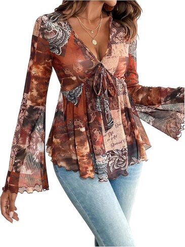MakeMeChic Women's Paisley Print V Neck Blouse Bell Sleeve Tie Front Ruffle Shirt Tops in Saudi Arabia