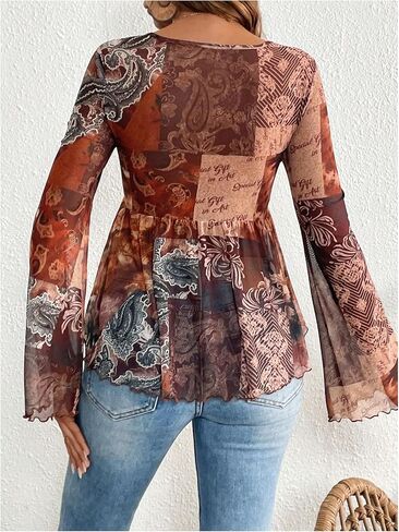 MakeMeChic Women's Paisley Print V Neck Blouse Bell Sleeve Tie Front Ruffle Shirt Tops in Saudi Arabia