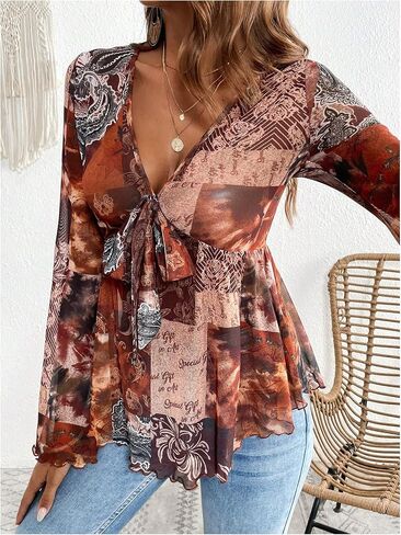 MakeMeChic Women's Paisley Print V Neck Blouse Bell Sleeve Tie Front Ruffle Shirt Tops in Saudi Arabia