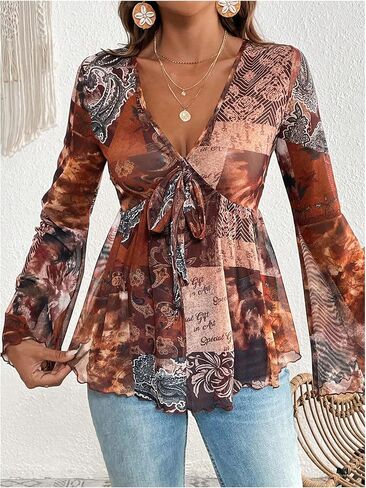 MakeMeChic Women's Paisley Print V Neck Blouse Bell Sleeve Tie Front Ruffle Shirt Tops in Saudi Arabia