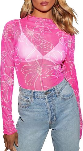 Women Floral Top Mock Neck Ruffle Blouses Fitted Sexy Going Out Concert Outfits Fashion 2025 in Kuwait
